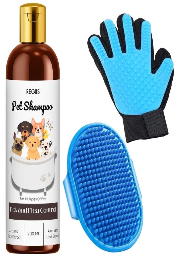 Regiis Pet Shampoo Set with Grooming Glove, Blue Massage Brush, Tick and Flea Control Formula, 200ml, for Dogs and Cats(Pack of 3) - Image 1